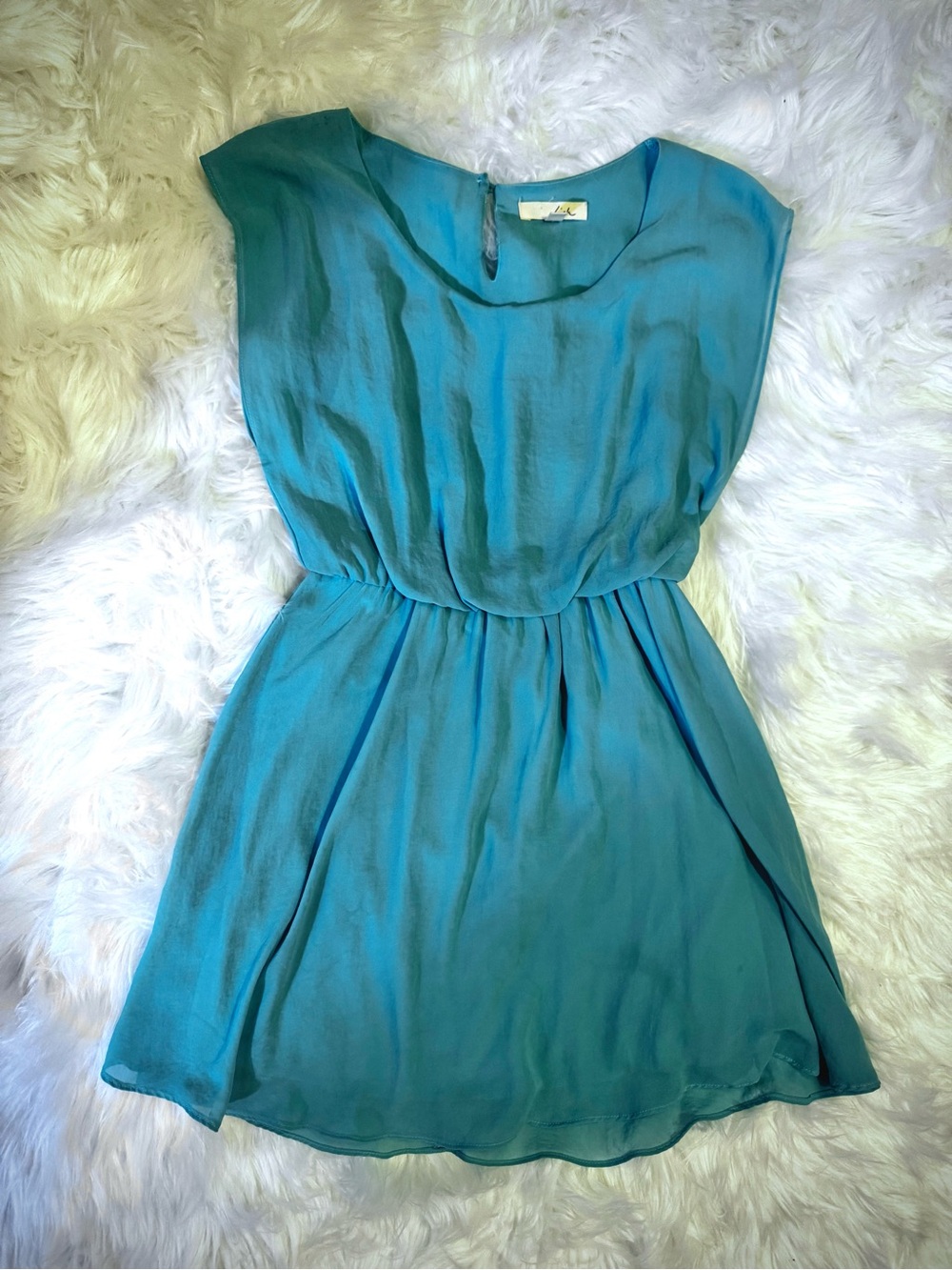 Lush Teal Turquoise Chiffon Mini Dress XS Flowy Elastic Waist Sheer Overlay - Picture 2 of 13